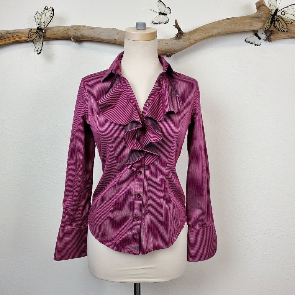 Pink thomas pink ruffle front fitted blouse